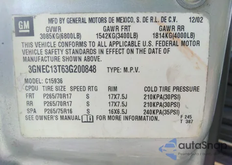 2003 Chevrolet Avalanche 1500 from USA, damaged, VIN 3GNEC13T63G200848